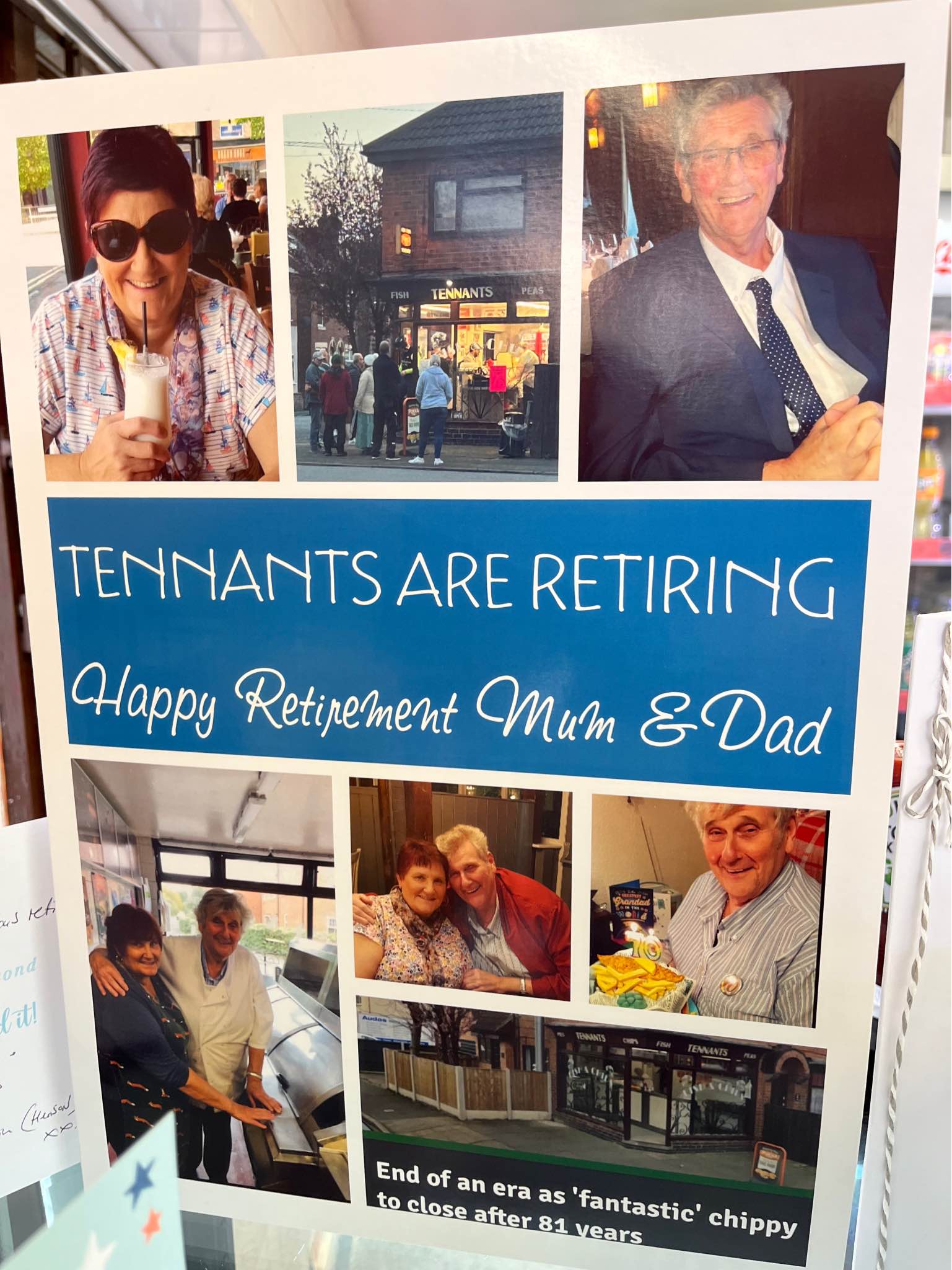 A card with photos of Gary & Joan Tennant and of the shop, stating 'Tennants Are Retiring, Happy Retirement Mum & Dad'.